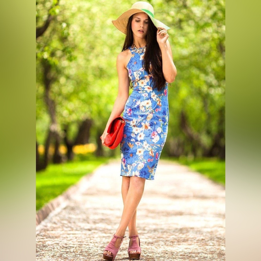 Zara Racerback Floral Blue Bodycon Dress Size Small - Picture 2 of 13